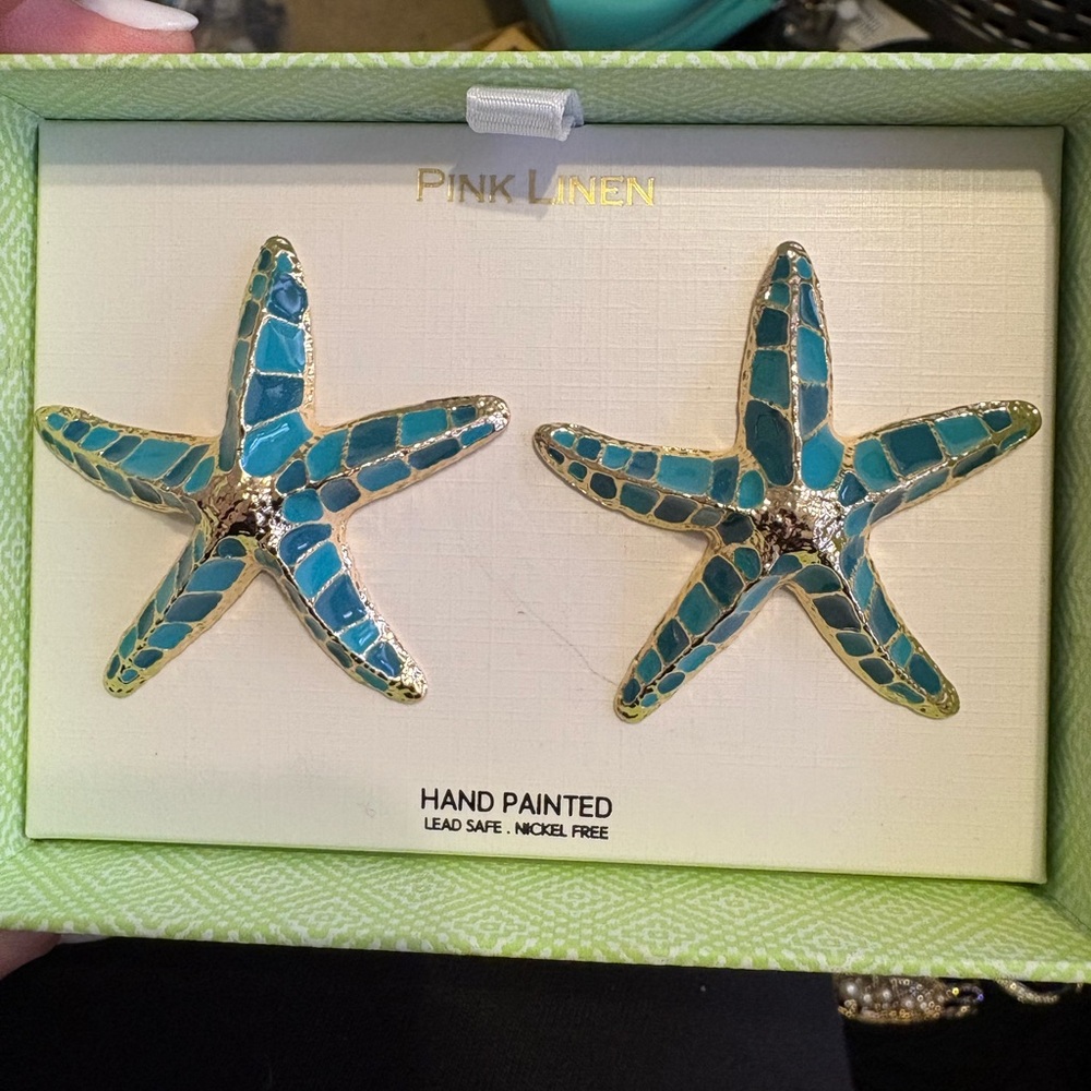Pink Linen Hand Painted Starfish Earrings NWOT